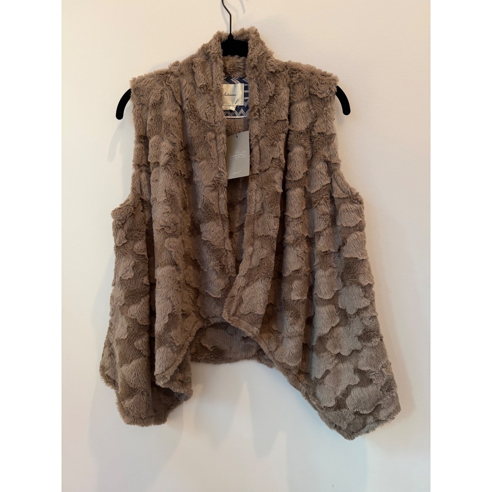 New! Anthropologie Elevenses Faux Fur Vest Taupe Brown Texture Open Front Large
